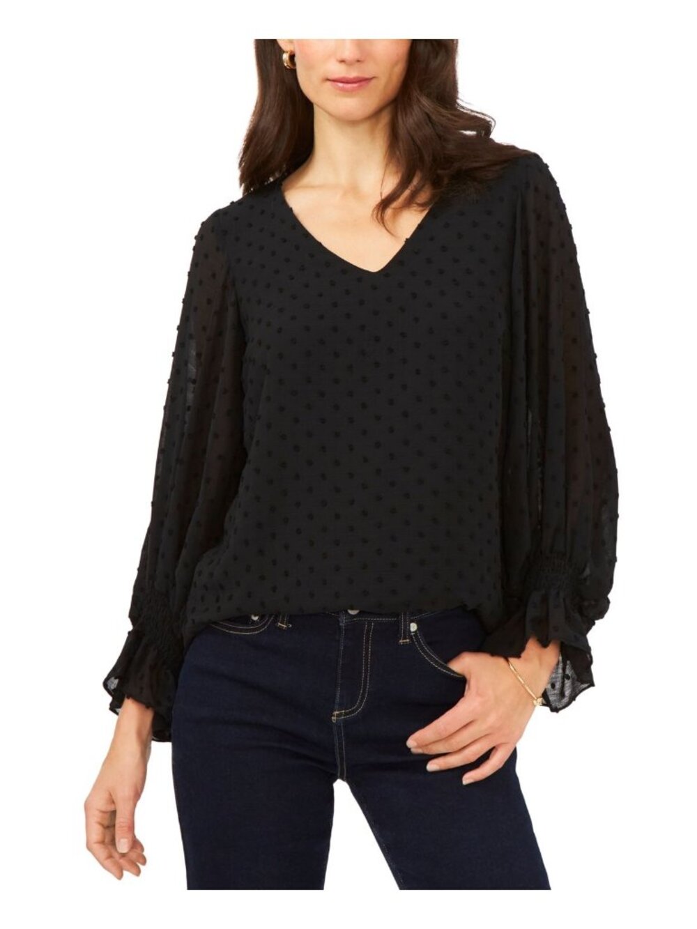 Sam & Jess Womens V Neck Smocked Cuff Swiss Dot Top Rich Black Size S NWT